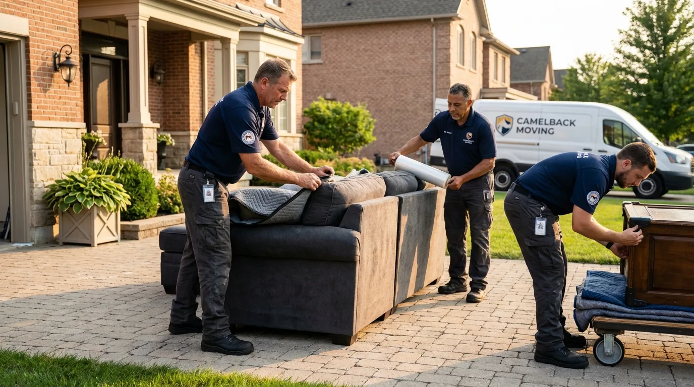 Large estate moving crew wrapping furniture in Framingham, MA