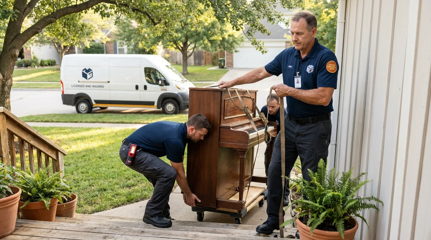 Licensed piano movers securing grand piano in Framingham, MA
