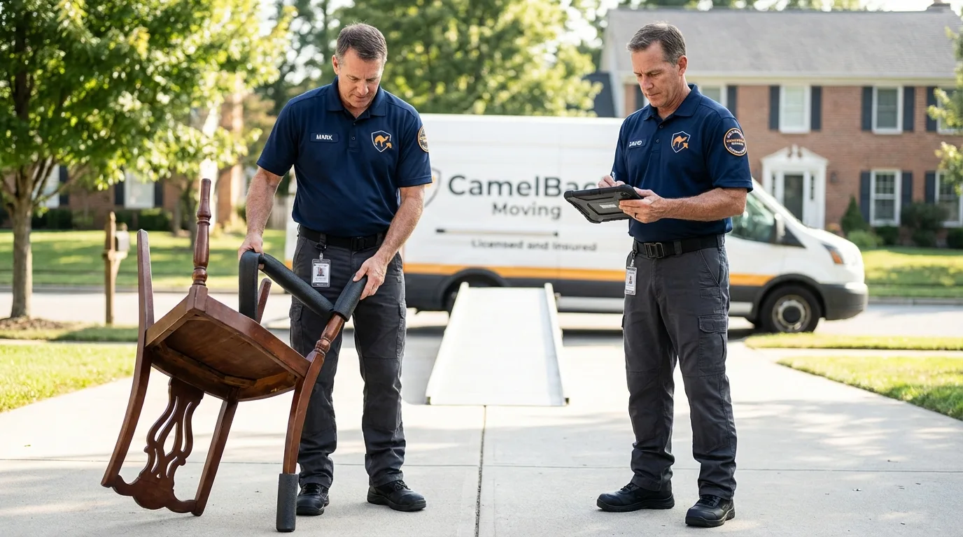 Movers inspecting furniture for damage prevention before loading in Framingham, MA