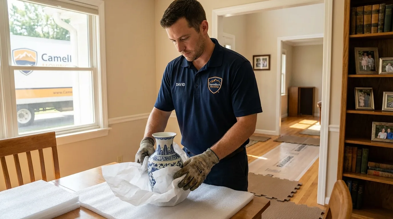 Professional crew carefully wrapping antique vase for senior downsizing move in Framingham, MA