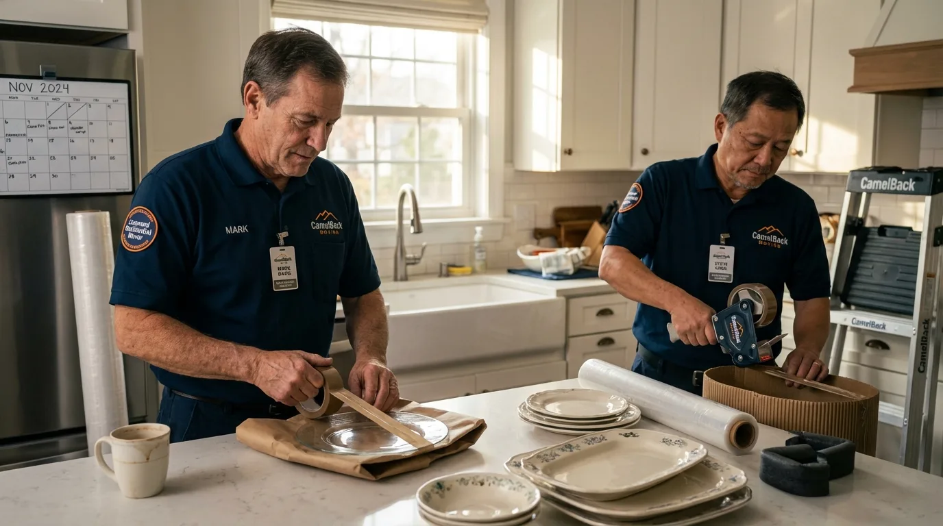 Professional crew packing kitchen dishware in Framingham, MA